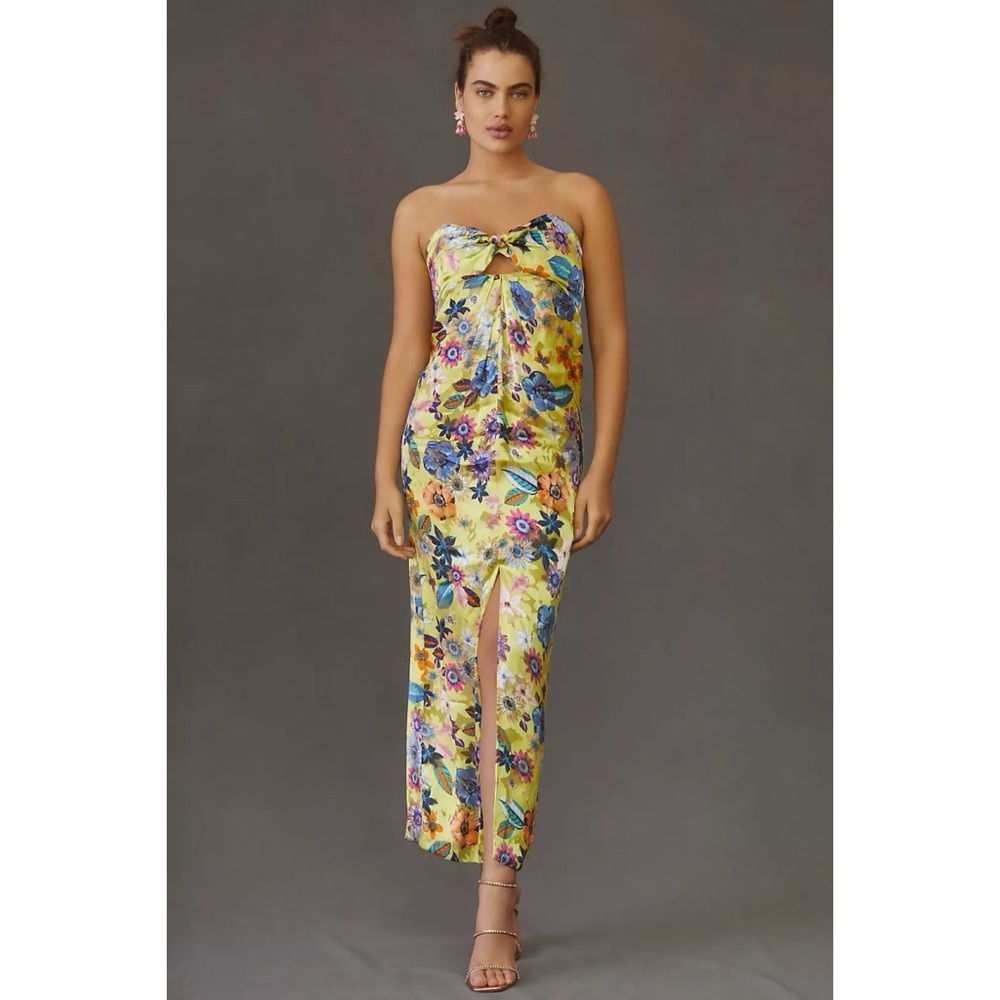 Anthropologie Twist Front Strapless Floral Midi Dress Small Silk Blend Cutout